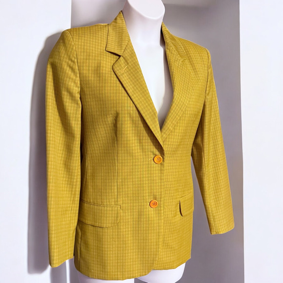 90s Gerani Italian Wool Skirt Suit Size M Saffron Yellow Retro Preppy Minimalist - Picture 3 of 13